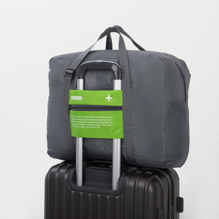 Сумка дорожная на молнии, складная в косметичку, наружный карман, держатель для чемодана, цвет серый/зелёный Сумка дорожная на молнии, складная в косметичку, наружный карман, держатель для чемодана, цвет серый/зелёный