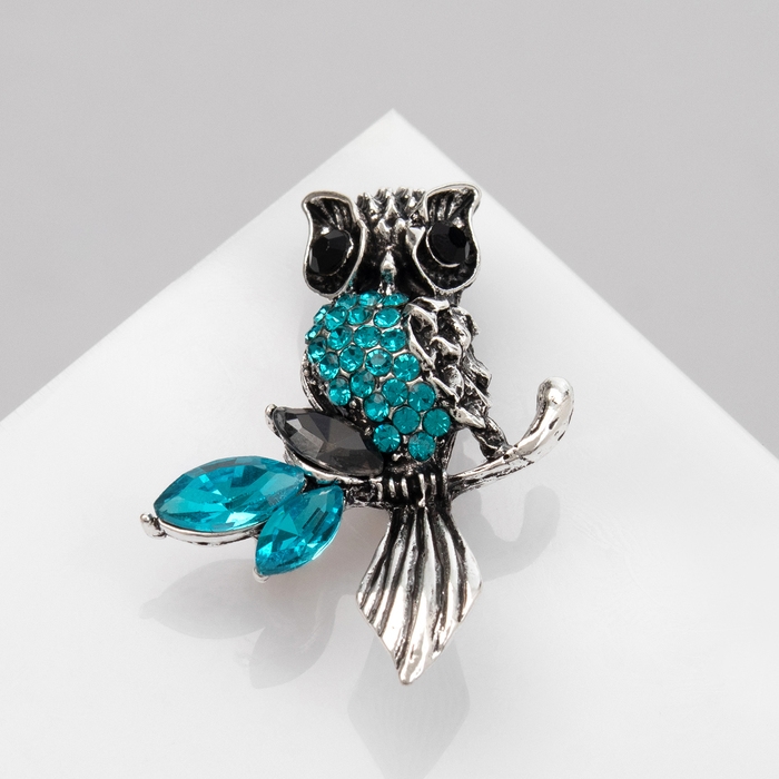 Брошь &laquo;Сова на ветке&raquo;, цвет голубой в чернёном серебре