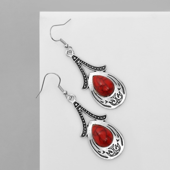 Серьги &laquo;Этника&raquo; объёмная капля, цвет красный в чернёном серебре