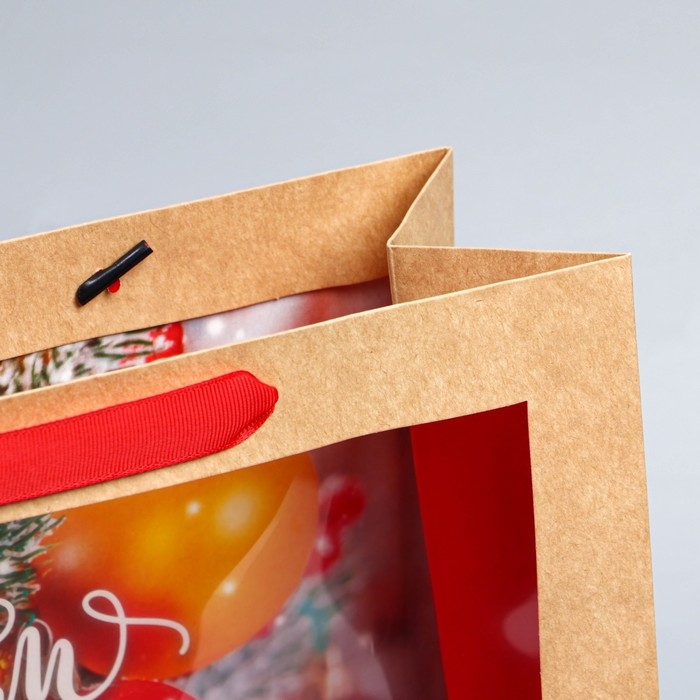 Пакет подарочный новогодний крафтовый с пластиковым окном &laquo;Happiness&raquo;, 31 х 26 х 11 см