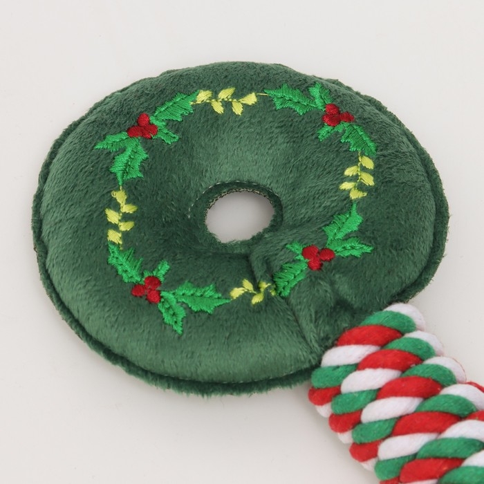 Игрушка пищащая, мягкая для собак Игрушка пищащая, мягкая для собак "Новогодний пончик" с канатом, 32 см