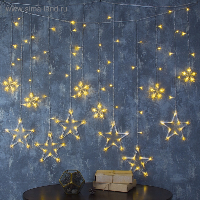 Гирлянда &laquo;Бахрома&raquo; 2.4 &times; 0.9 м с насадками &laquo;Звёзды&raquo;, IP20, прозрачная нить, 138 LED, свечение тёплое белое, 8 режимов, 220 В