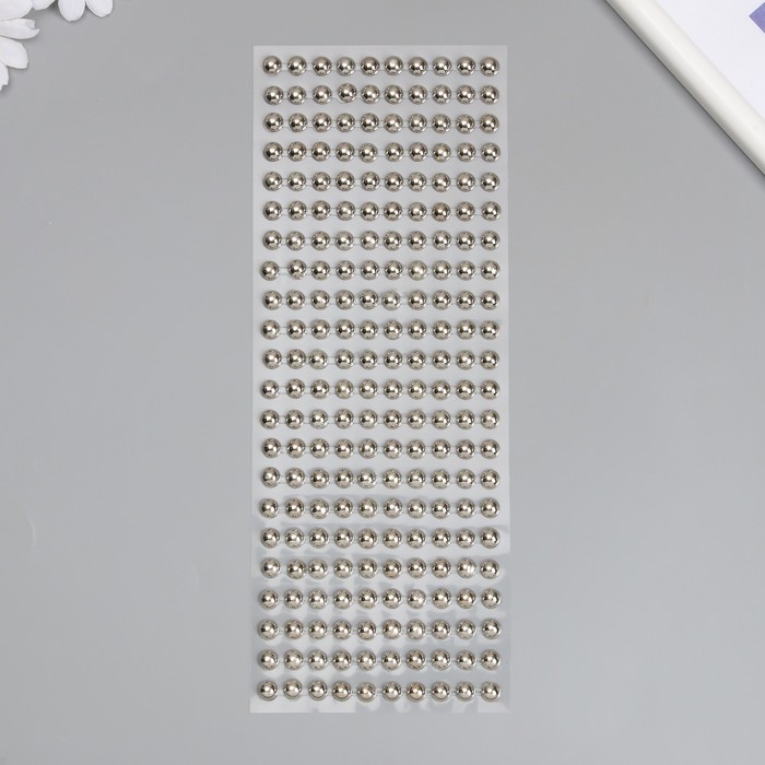 Наклейка пластик стразы "Полужемчужины" d-8 мм серебро 10х27 см
