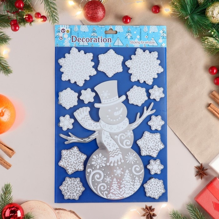 Наклейки на окна "Новогодние" снеговик, 48х24 см