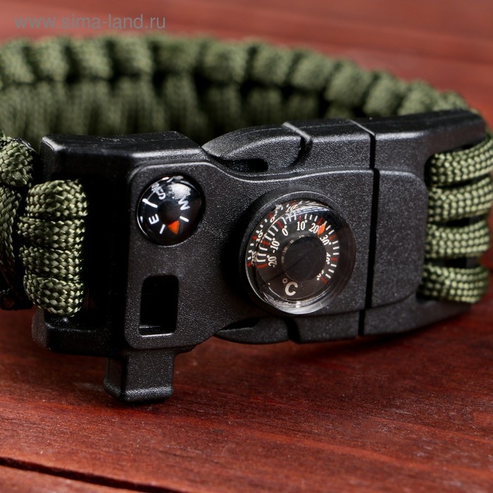 Браслет паракорд темно-зеленый для выживания, с компасом 24*2 см, 3 м