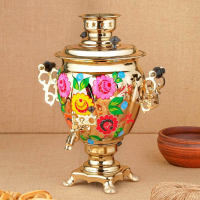 Набор &laquo;Цветы на золотом&raquo;, жёлудь, 3 предмета, самовар 3 л, заварочный чайник 0,7 л, поднос