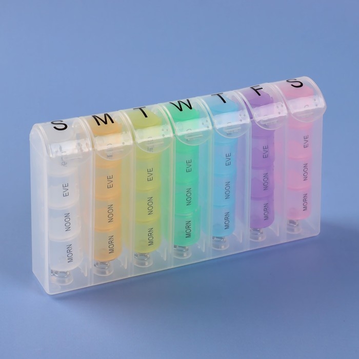 Таблетница - органайзер &laquo;Неделька&raquo;, английские буквы, утро/день/вечер/ночь, 10 &times; 20 &times; 3 см, 7 контейнеров по 4 секции, разноцветная