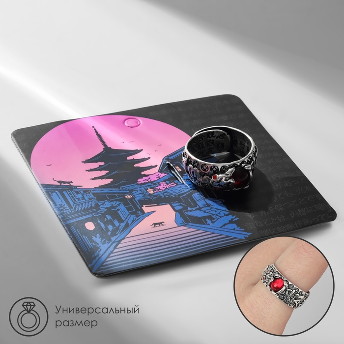 Кольцо «Япония» иероглифы, цвет красный в чернёном серебре, безразмерное Кольцо «Япония» иероглифы, цвет красный в чернёном серебре, безразмерное