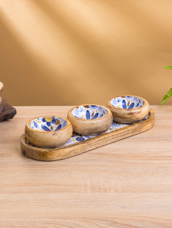 Набор розеток на подносе "Васильки" (3 шт) дерево манго 33,5х13х6,5 см