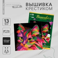 Вышивка крестиком на чёрной канве &laquo;Разноцветный кот&raquo;, набор для творчества, 25 х 25 см