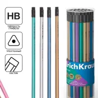 Карандаш чернографитный с ластиком ErichKrause "Metallic", НВ, грифель d=2,2 мм, дерево, трехгранный в тубусе, металлик микс