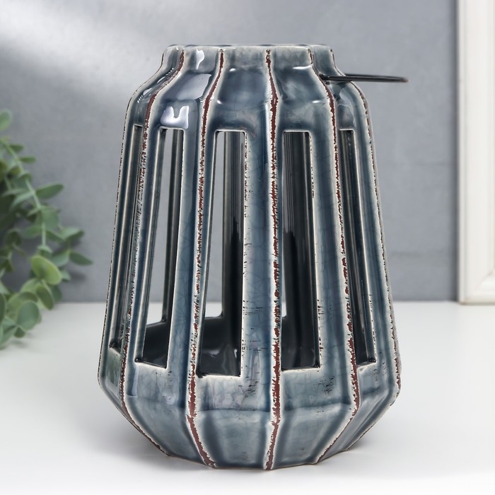 Подсвечник керамика на 1 свечу "Фонарь с вырезами" серый 19х14х14 см