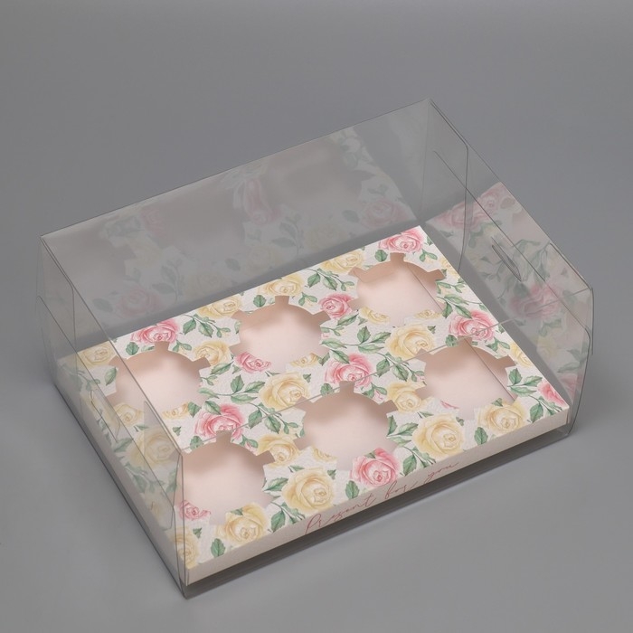 Коробка для капкейка, кондитерская упаковка, 6 ячеек &laquo;Розы&raquo;, 16 х 23 х 11.5 см