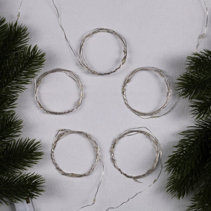 Набор гирлянд &laquo;Нить&raquo; 1 м роса, IP20, серебристая нить, 10 LED, свечение белое, 3 режима, батарейки AG13х3 (в комплекте), 5 шт.