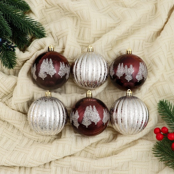 Набор шаров пластик d-8 см, 6 шт "Сказочные узоры" перья полосы, коричневый серебро