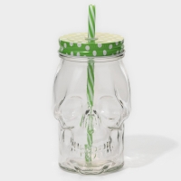 Кружка стеклянная с крышкой и трубочкой Доляна &laquo;Череп. Хэллоуин&raquo;, 400 мл, 9&times;14,5 см, цвет МИКС