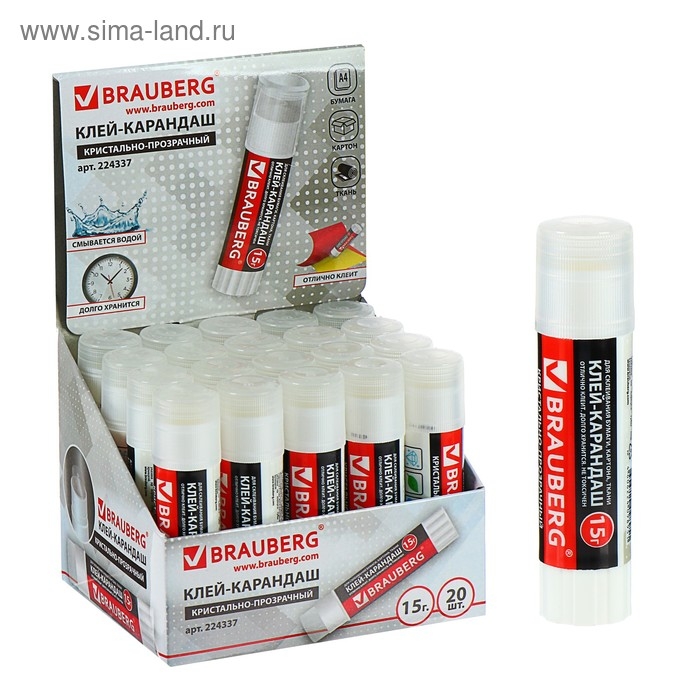 Клей-карандаш ПВП 15 г BRAUBERG, прозрачный