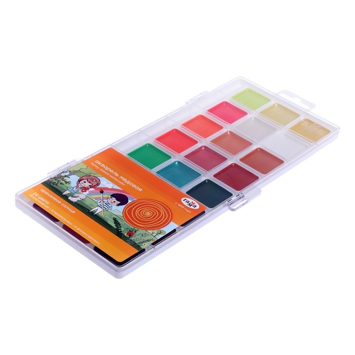 Акварель 24 цвета (8 перламутр. + 8 флуор. + 8 классич.) Гамма "Оранжевое солнце", медовая, без кисти, пластик, европодвес 291020209