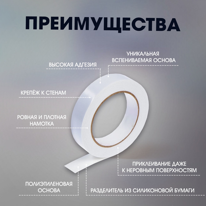 Лента двусторонняя ТУНДРА, клейкая, на вспененной основе, 800 мкм, 24 мм х 5 м