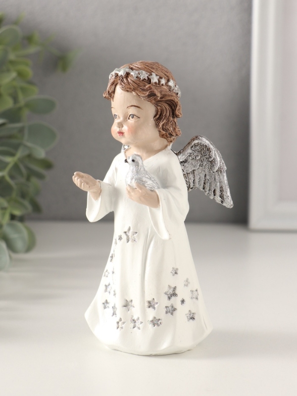Сувенир полистоун "Ангелочек в платье со звёздами, с голубем 7х5х13 см
