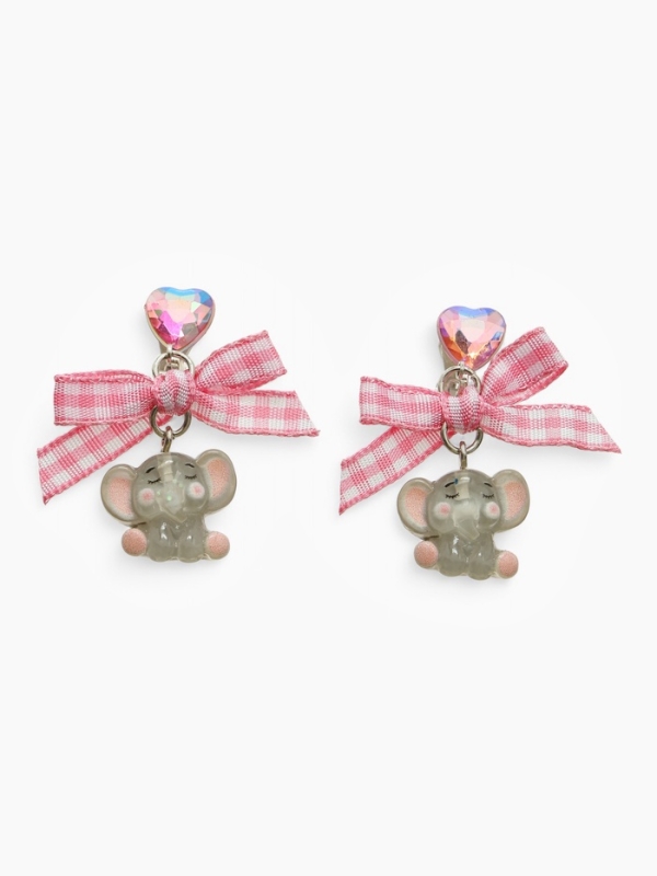 Серьги-клипсы детские "Выбражулька" Слон с бантом клетка и кристалом сердце, цветные