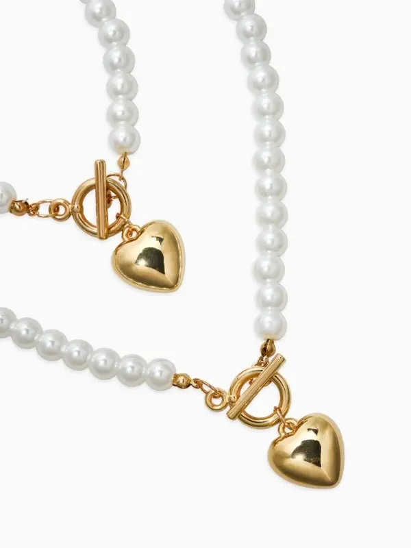 Набор 2 пред-та: бусы.браслет "Жемчуг", сердце, цвет белый в золоте L=18/42см №8