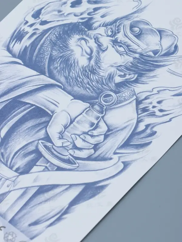 Татуировка на тело "Китайский воин с мечом - поединок" 18х11 см