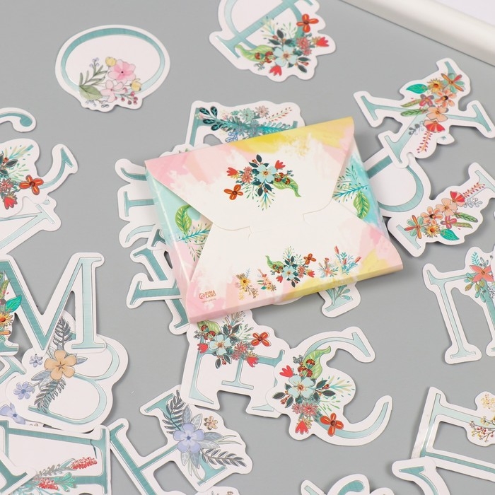Наклейки для творчества "Цветочный алфавит" тиснение серебро набор 33 шт 9х7х0,8 см
