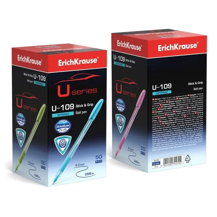 Ручка шариковая ErichKrause U-109 Spring Stick&Grip, узел 1.0 мм, чернила синие, резиновый держатель, супермягкое письмо, длина линии письма 1000 метров