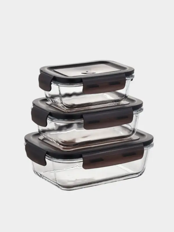 Набор стеклянных контейнеров с крышкой 3 шт, 410/690/1040 мл, черная крышка