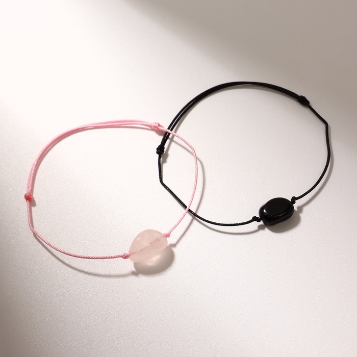 Парные браслеты желаний &laquo;Кварц розовый с обсидианом&raquo; инь-ян на розовой и чёрной нитях, 11см