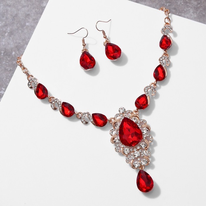 Набор 2 предмета: серьги, колье &laquo;Вернисаж&raquo; сердце и цветы, цвет бело-красный в золоте, 42 см