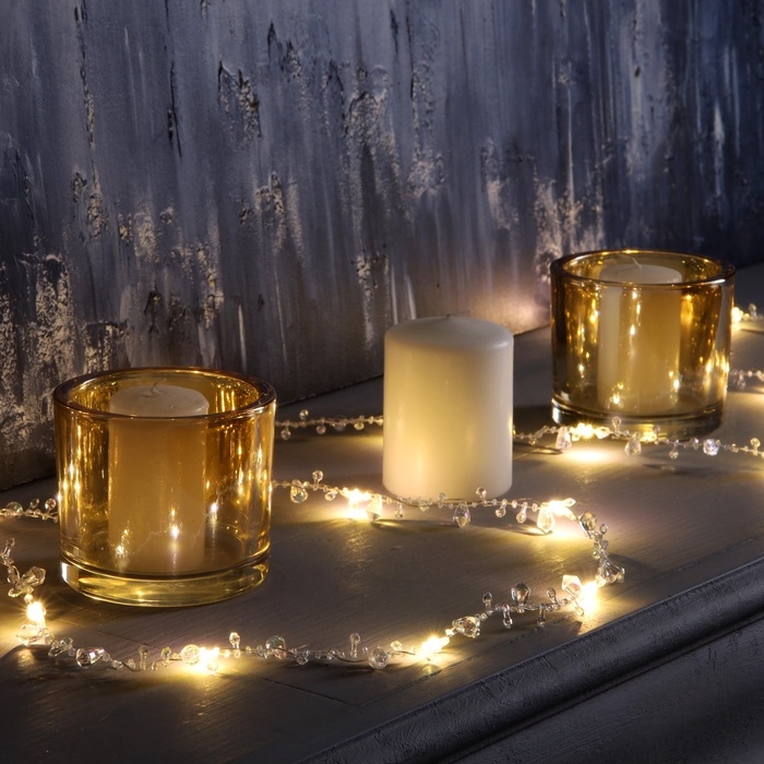 Гирлянда &laquo;Нить&raquo; 2 м роса с насадками &laquo;Кристалл&raquo;, IP20, нить серебристая, 20 LED, батарейки AAx2 (не в комплекте), 2 режима, свечение тёплое белое