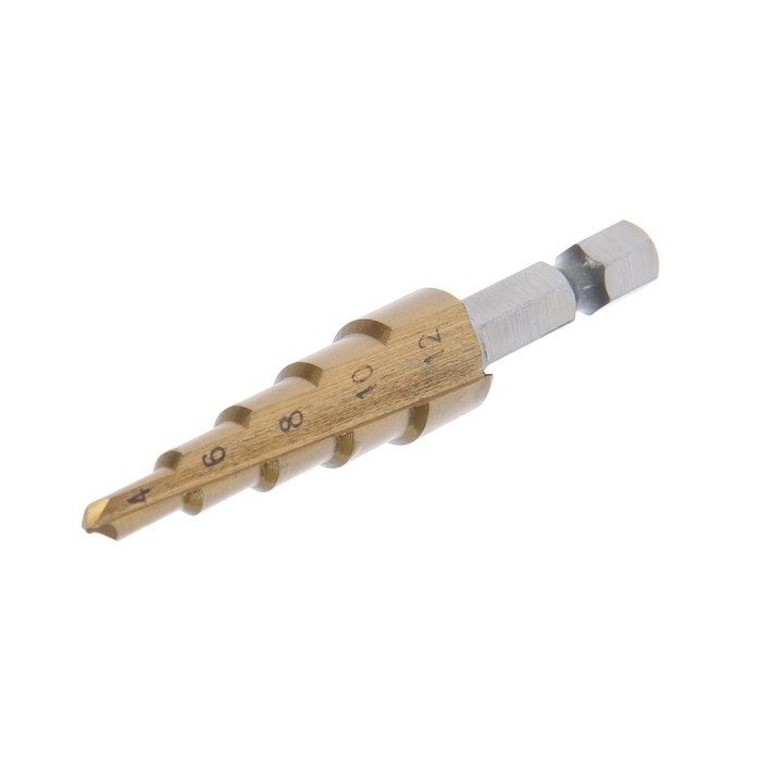 Сверло ступенчатое ТУНДРА, HSS, TiN, шестигранный хвостовик, 4 - 12 мм Сверло ступенчатое ТУНДРА, HSS, TiN, шестигранный хвостовик, 4 - 12 мм