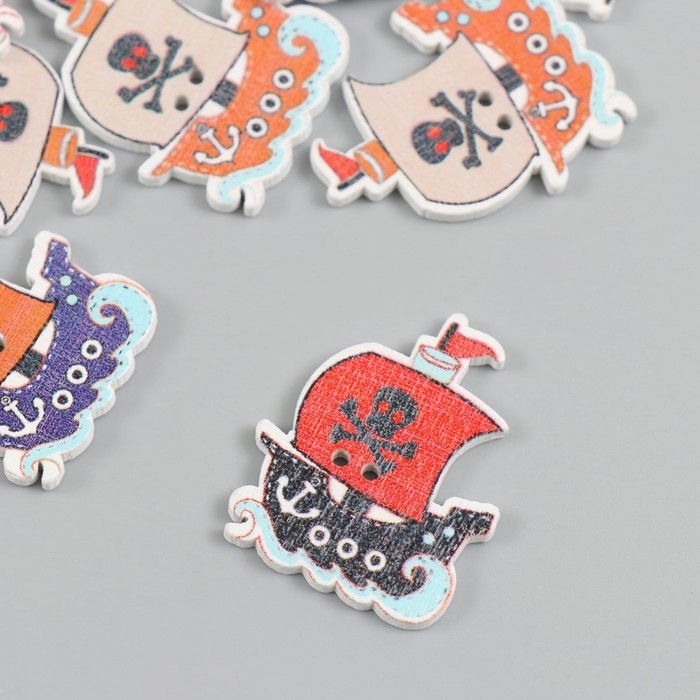 Пуговицы дерево для творчества 2 прокола "Пиратский корабль" набор 15 шт 2,5х3 см