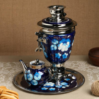Набор «Жостово на синем», рюмка, 3 предмета, самовар 3 л, заварочный чайник 0,7 л, поднос Набор «Жостово на синем», рюмка, 3 предмета, самовар 3 л, заварочный чайник 0,7 л, поднос