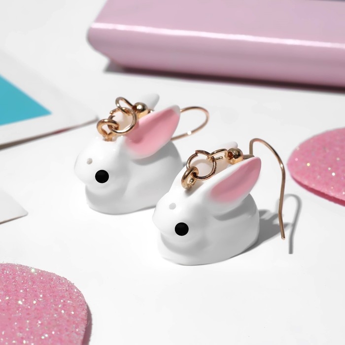 Серьги детские &laquo;Выбражулька&raquo; зайчики, цвет бело-розовый в золоте