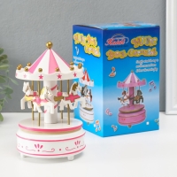 Сувенир пластик музыкальный механический "Карусель - лошадки" бело-розовый 10,5х10,5х17,5 см   10459