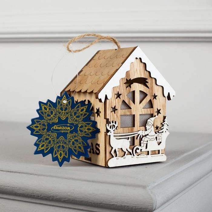 Ёлочная игрушка &laquo;Домик с Дедом Морозом на санках&raquo;, от батареек, свечение тёплое белое