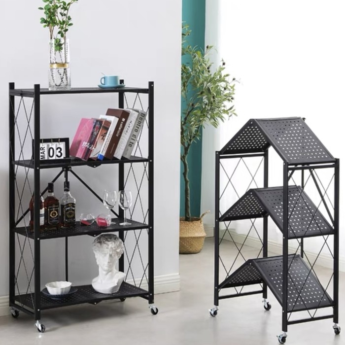 Стеллаж складной на колесах, 4 полки, 72&times;34&times;122см, цвет чёрный матовый