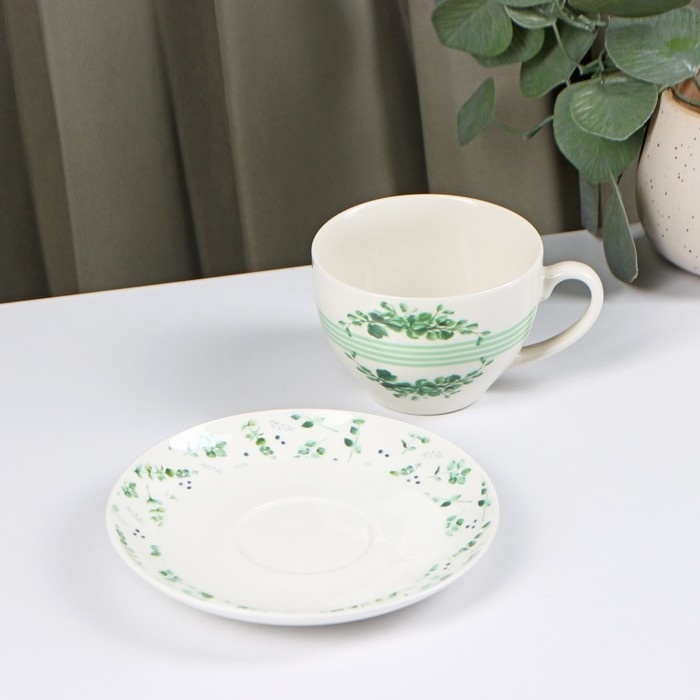Чайная пара фарфоровая Доляна &laquo;Эвкалипт&raquo;, 2 предмета: чашка 280 мл, блюдце d=15 см