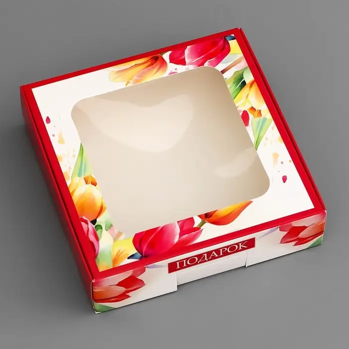 Коробка подарочная сборная с окном, упаковка, &laquo; С 8 марта&raquo;, 13&times;13&times;3 см
