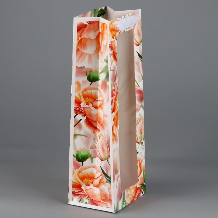 Пакет подарочный под бутылку, упаковка, &laquo;Цветы&raquo;, 36 х 13 х 10 см