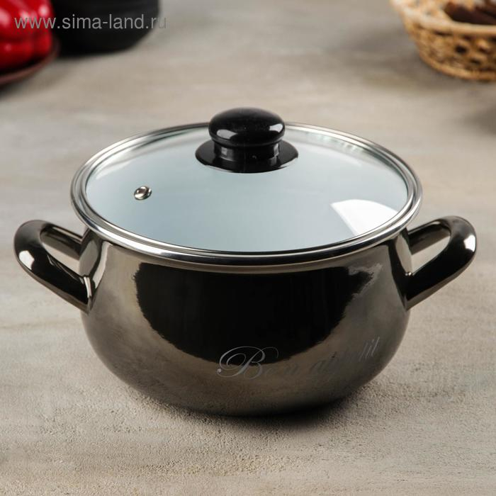 Кастрюля эмалированная &laquo;Металлик&raquo;, 3,1 л, стеклянная крышка, индукция, цвет чёрный