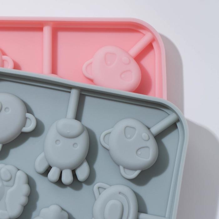 Форма для леденцов &laquo;Зверята&raquo;, силикон, 14&times;14&times;1,4 см, 8 ячеек, с палочками, цвет МИКС