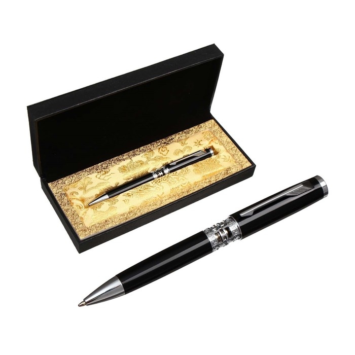 Ручка подарочная, шариковая "Кронос" в кожзам футляре, поворотная, корпус черный с серебром