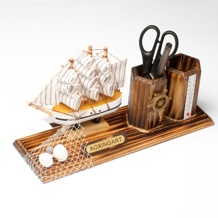 Набор настольный "Корабль" с двумя карандашницами и термометром 25*8*16см