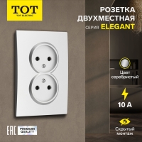 Розетка двухместная TOT Elegant, 10 А, скрытая, без з/к, серебристая Розетка двухместная TOT Elegant, 10 А, скрытая, без з/к, серебристая