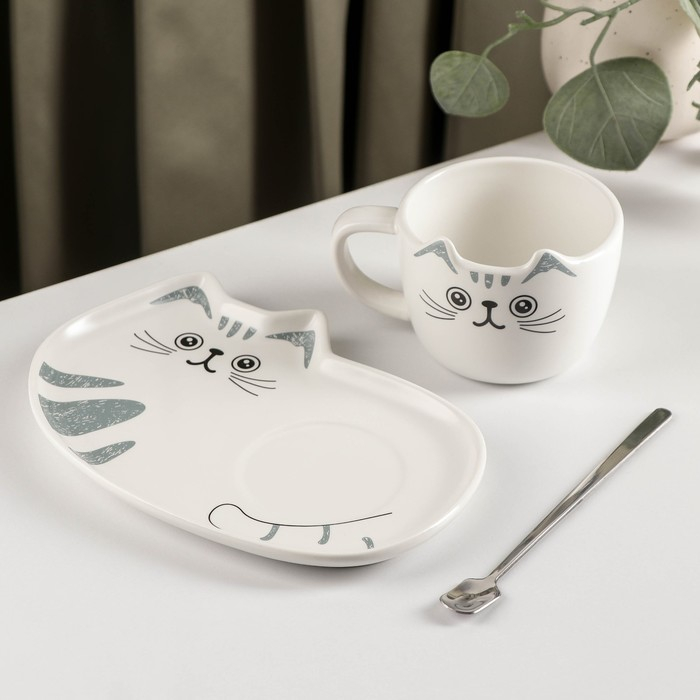Чайная пара керамическая &laquo;Котик&raquo;, 3 предмета: чашка 200 мл, блюдце 18,5&times;13,5 см, ложка