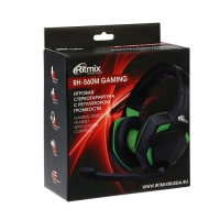 Наушники Ritmix RH-560M Gaming, игровые, полноразмерные,микрофон,3.5мм, 1.8 м, черно-зеленые